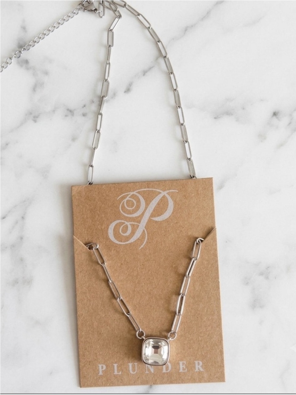 Plunder silver tone stainless steel necklace with square pendant